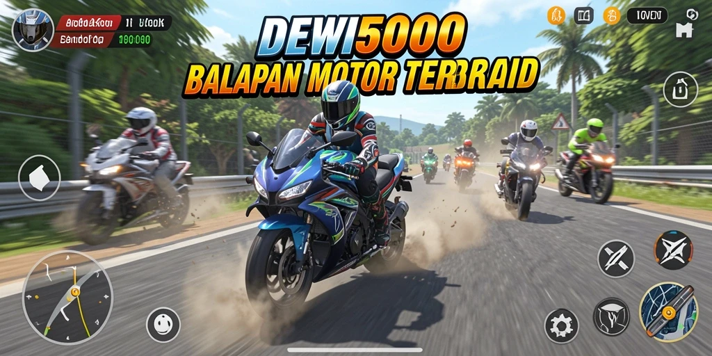 Screenshot gameplay DEWI5000 menampilkan balapan motor yang menegangkan.