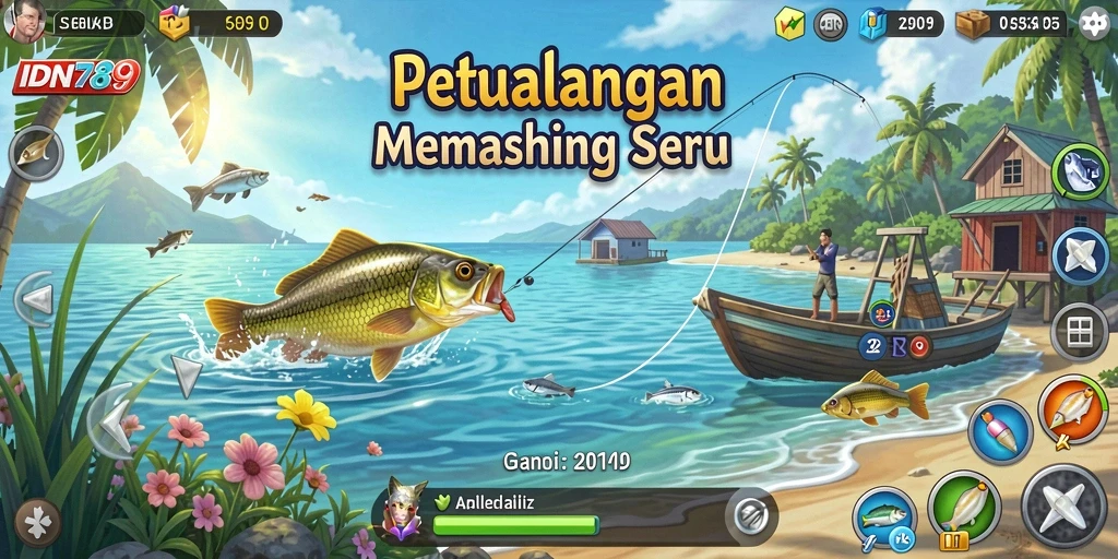 Tampilan gameplay yang mendebarkan dalam IDN789 saat menangkap ikan.