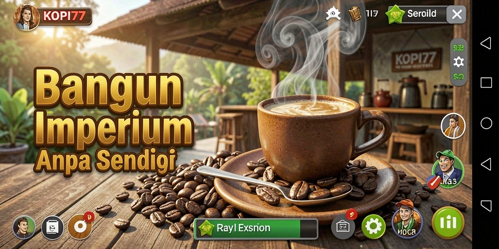 Screenshot gameplay KOPI77 menampilkan kedai kopi yang ramai dan berwarna.
