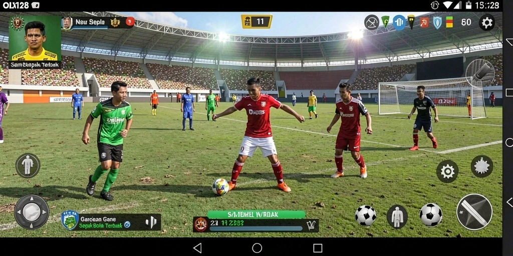 Screenshot menarik dari gameplay OLX128 yang menunjukkan aksi di lapangan sepak bola.