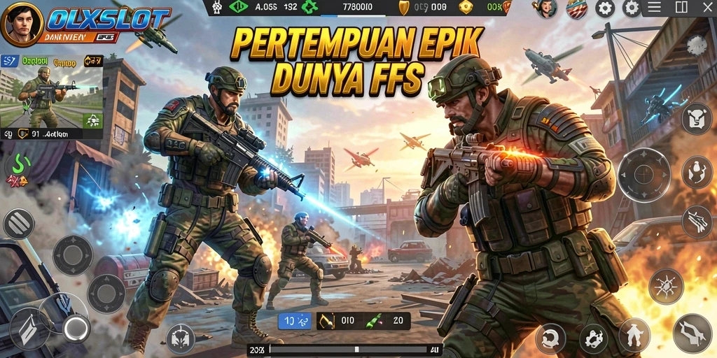 Gambaran layar utama OLXSLOT menampilkan aksi tembak-menembak yang intens.