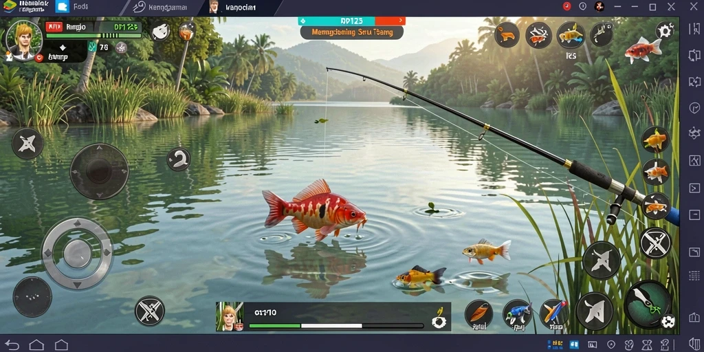 Gameplay seru dalam PP123 menampilkan aksi memancing yang mendebarkan.