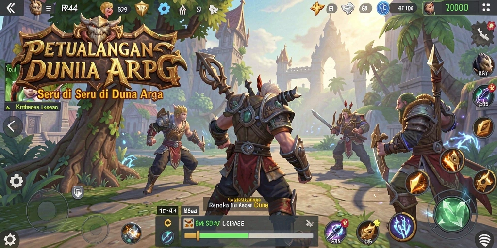 Screenshot gameplay RR44 menampilkan aksi pertarungan epik di dunia fantasi.