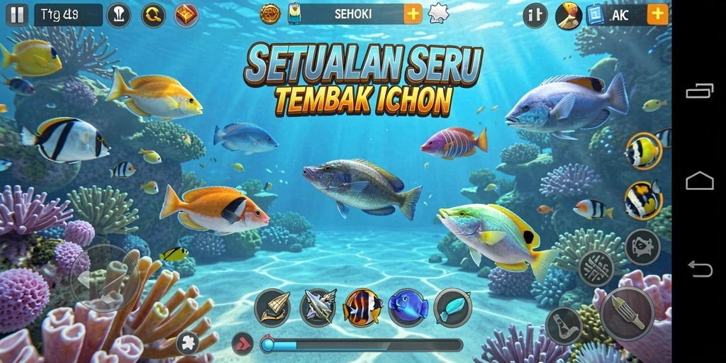 Screenshot gameplay SEHOKI yang menunjukkan aksi menembak ikan.