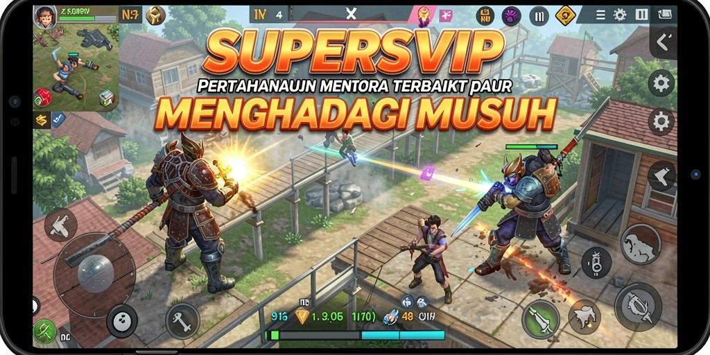 Tangkapan layar gameplay <strong>SUPERSVIP</strong> yang menampilkan serangan menara dan musuh yang datang.